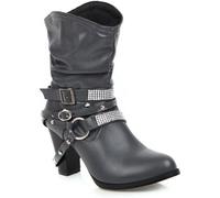 Women's Slouchy Chunky High Heel Mid Calf Ankle Boots Round Toe Stacked Short Boots Fashion Rhinestone Belt Buckle Punk Motorcycle Booties (Grey,8.5)