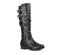 Women's Slouchy Flat Knee High Boots Ladies Black Synthetic Leather Ruched Casual Buckle Biker Shoes Size 5