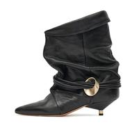Womens Slouchy Kitten Heel Boots Pointed Toe Suede Ankle Boots Slip On Causal Winter Short Booties, Black Pu, 7 UK