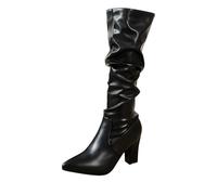Women's Slouchy Knee High Boots with Chunky Heel Pointed Toe Wide Calf Pull on Tall Boot Comfortable and Fashion Fall Winter Long Boots for Women Work Date Dress Party Club Shoes