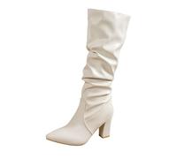 Women's Slouchy Knee High Boots with Chunky Heel Pointed Toe Wide Calf Pull on Tall Boot Comfortable and Fashion Fall Winter Long Boots for Women Work Date Dress Party Club Shoes