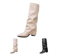 Women'S Slouchy Knee High Boots, Women'S Pointed Toe Boots, Solid Low Block Heel Shoes With Top Strap Detail, Comfortable Faux Leather Footwear For Country Concerts And Casual Outings