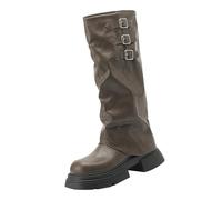 Womens Slouchy Mid Calf Boots Ladies Leather Fold Over Booties | Shaft Buckle Strap Details Chunky Sole Walking Shoes Retro Punk Style Autumn Winter Daily Trend Apparel