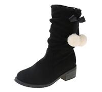Womens Slouchy Mid Calf Boots Ladies Low Block Heel Booties Suede Shoes | with Fluffy Pom Poms Bowknot for Winter Indoor Comfort Autumn Daily Casual Walking Sweet Cute Fashion Style Attire