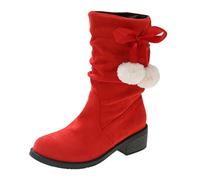 Womens Slouchy Mid Calf Boots Ladies Low Block Heel Booties Suede Shoes | with Fluffy Pom Poms Bowknot for Winter Indoor Comfort Autumn Daily Casual Walking Sweet Cute Fashion Style Attire