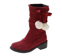 Womens Slouchy Mid Calf Boots Ladies Low Block Heel Booties Suede Shoes | with Fluffy Pom Poms Bowknot for Winter Indoor Comfort Autumn Daily Casual Walking Sweet Cute Fashion Style Attire