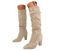Women's Slouchy Suede Knee High Boots Block Heel Tall Dress Boots - Pull On Ruched Winter Fashion Boots Non Slip Chunky Heel Shoes for Casual Work Party Autumn Winter Wear Beige