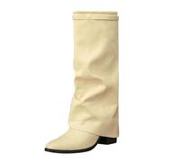 Womens Slouchy Tall Boots Pointed Toe Fold Over Knee High Shoes Flat Block Heel Casual Long Booties Plain Solid Color Slip On Western Fashion Outfits Travel Beige
