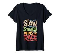 Womens Slow and Steady Wins The Race Motivational Quote V-Neck T-Shirt