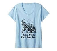 Women's Slow Beats Fast Any Day Turtle Chill Philosophy V-Neck T-Shirt