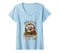 Women's Slow Down Im Going As Fast As I Can Funny Sloth Glasses V-Neck T-Shirt