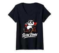 Women's Slow Down Panda Funny Relaxed Animal Mascot V-Neck T-Shirt