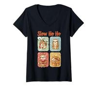 Womens Slow Ho Ho Sloth Christmas Funny Holiday Chill Art V-Neck T-Shirt