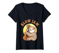 Women's Slow Jam Funny Cute Girl Sloth Ukulele Uke Guitar Player V-Neck T-Shirt