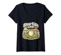 Women's Slow Life Club Frog Vintage Cottagecore Frog Relaxing V-Neck T-Shirt