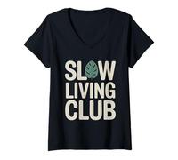 Women's Slow Living Leaf Design Slow Down V-Neck T-Shirt