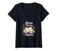 Women's Slow Living Mom Cozy Cottagecore Reading Aesthetic V-Neck T-Shirt
