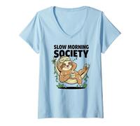 Women's Slow Morning Society Sleepy Sloth Coffee Humor V-Neck T-Shirt