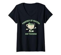 Women's Slow Mornings Powered By Matcha and Teaching V-Neck T-Shirt