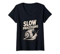 Women's Slow Processing Unit Nerd Humor Snail V-Neck T-Shirt
