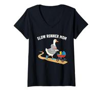 Women's Slow Runner Mom Duck Jogging Stroller Humor V-Neck T-Shirt