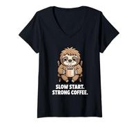 Women's Slow Start Strong Coffee Cute Sloth Morning V-Neck T-Shirt