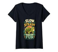 Women's Slow Steady Turtle Fun Retro V-Neck T-Shirt