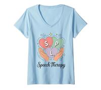 Women's SLP Speech Therapy Hands Hearts Speech Language Pathologist V-Neck T-Shirt