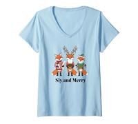 Womens Sly and Merry Christmas Foxes Reindeer Elf Holiday Art V-Neck T-Shirt