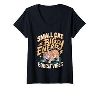 Women's Small Cat Big Energy Bobcat Vibes Spirit V-Neck T-Shirt