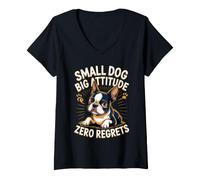 Women's Small Dog Big Attitude Zero Regrets Boston Terrier V-Neck T-Shirt