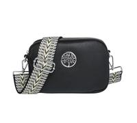 Women's Small Double Zip Compartments Faux Leather Camera Style Shoulder Handbag Shoulder Crossbody Bag With Detachable Guitar Strap And Tree Badge Detail BLACK