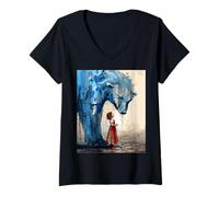 Women's Small Girl Big Polar Bear Expressive Whimsical Mood Duality V-Neck T-Shirt