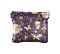 Women's Small Leather Coin Purse Purple Gold compasses Skull Butterfly