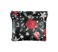 Women's Small Leather Coin Purse Silver Stars Red Roses Unique Makeup pouching Period Bag for Ladies monedero para