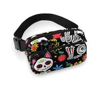 Women's Small Pack, Portable Belt Bag, Fashion Dress Decor Waist Bag with Adjustable Strap Day of The Dead Black Cat Rose Sugar Skull Skeleton