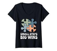 Women's Small Steps Big Wins Retro Autism Awareness Puzzle Support V-Neck T-Shirt