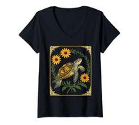 Womens Small Turtle and Black-Eyed Daisy Flowers V-Neck T-Shirt