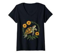 Womens Small Turtle and Black-Eyed Daisy Flowers V-Neck T-Shirt