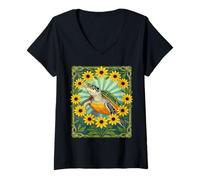 Womens Small Turtle and Black Eyed Susan Flowers Art Nouveau V-Neck T-Shirt
