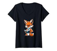 Womens Smart Cartoon Fox Reading a Book with Glasses V-Neck T-Shirt