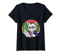 Women's Smart Cat Teacher Studying Laptop Chalkboard V-Neck T-Shirt