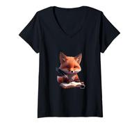 Women's Smart Fox Writing Illustration V-Neck T-Shirt