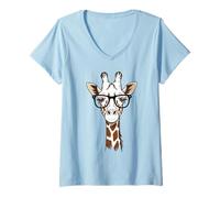 Women's Smart Giraffe Wearing Retro Glasses Safari Animal V-Neck T-Shirt