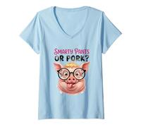 Women's Smarty Or Pork Funny Pig with Glasses Nerdy Farm Animal Pun V-Neck T-Shirt