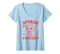 Womens Smash Fascism, Funny Anti-Fascism Cat V-Neck T-Shirt