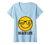 Women's Smile Face Beach Life Surf Hawaii Ocean Vacation Summer Fun V-Neck T-Shirt