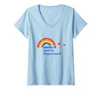 Womens "Smile if You're Depressed" Rainbow Vintage Dark Humor V-Neck T-Shirt