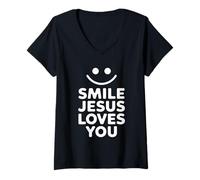 Womens Smile Jesus Loves You Funny Faith Christian V-Neck T-Shirt