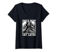 Womens Smile Now CRY Later 90s Cholo Tattoo Art Payaso Chicano V-Neck T-Shirt